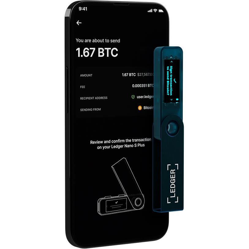 Sapphire blue hardware wallet next to smartphone payment send screen