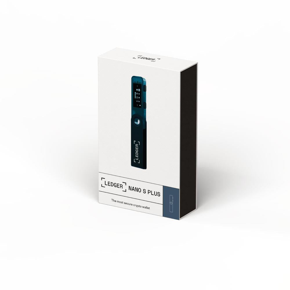 Ledger Nano S Plus hardware wallet retail box in sapphire blue