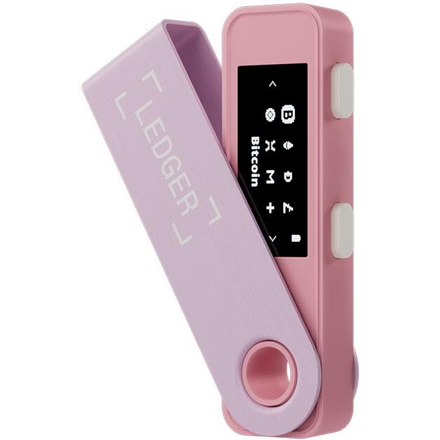 Pastel pink Ledger Nano S Plus hardware wallet with display and side button