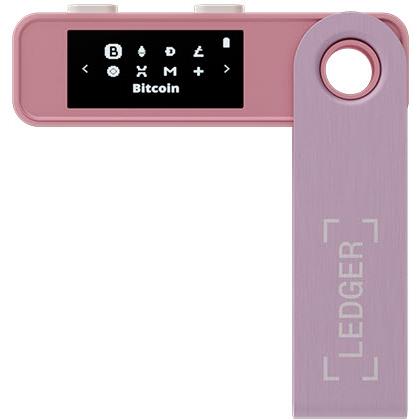 Pastel pink Ledger Nano S Plus wallet with screen showing Bitcoin icons