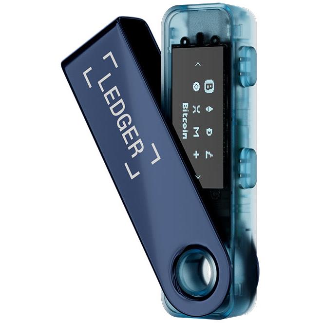 Neptune blue USB-C crypto hardware wallet with touchscreen and security buttons