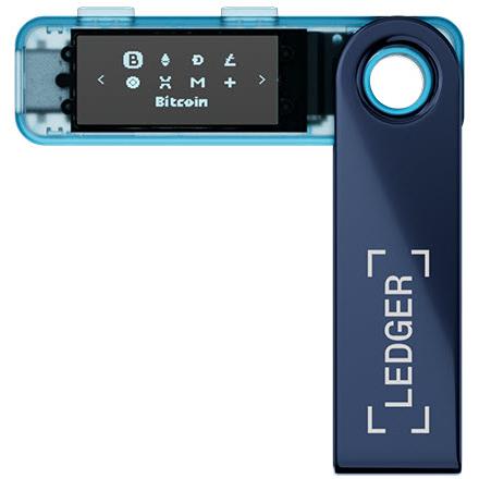 Neptune blue hardware wallet front view with OLED screen and side ring