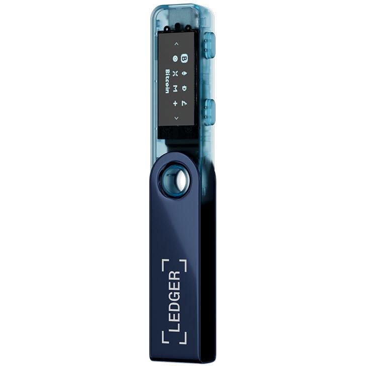 Neptune blue hardware wallet with circular button and display window