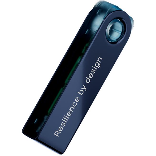Neptune blue hardware wallet with “Resilient by design” branding and side ring