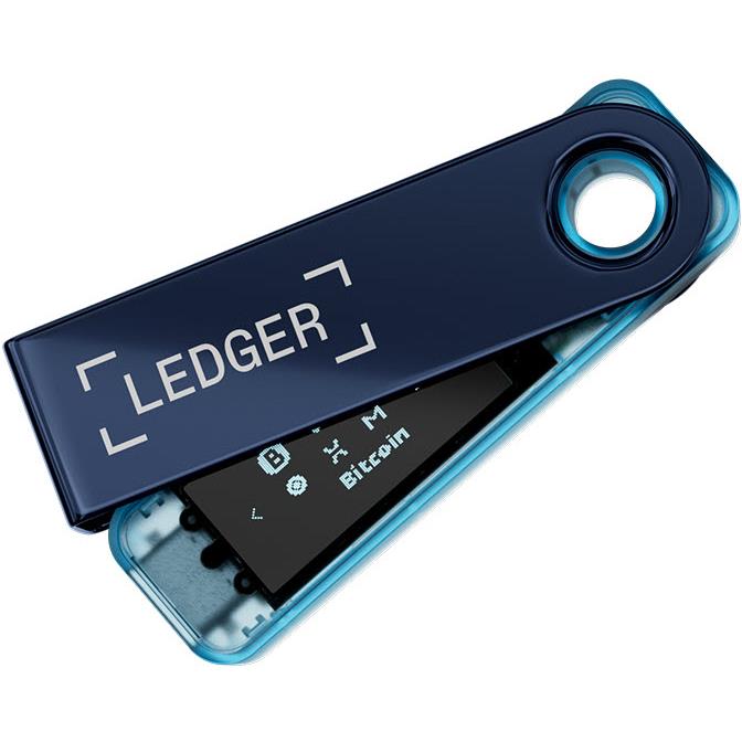 Neptune blue hardware wallet with OLED screen showing menu icons
