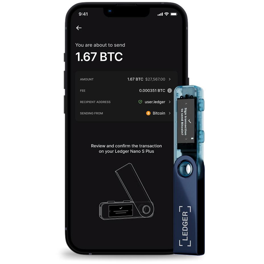Neptune blue hardware wallet standing beside a phone for transaction confirmation