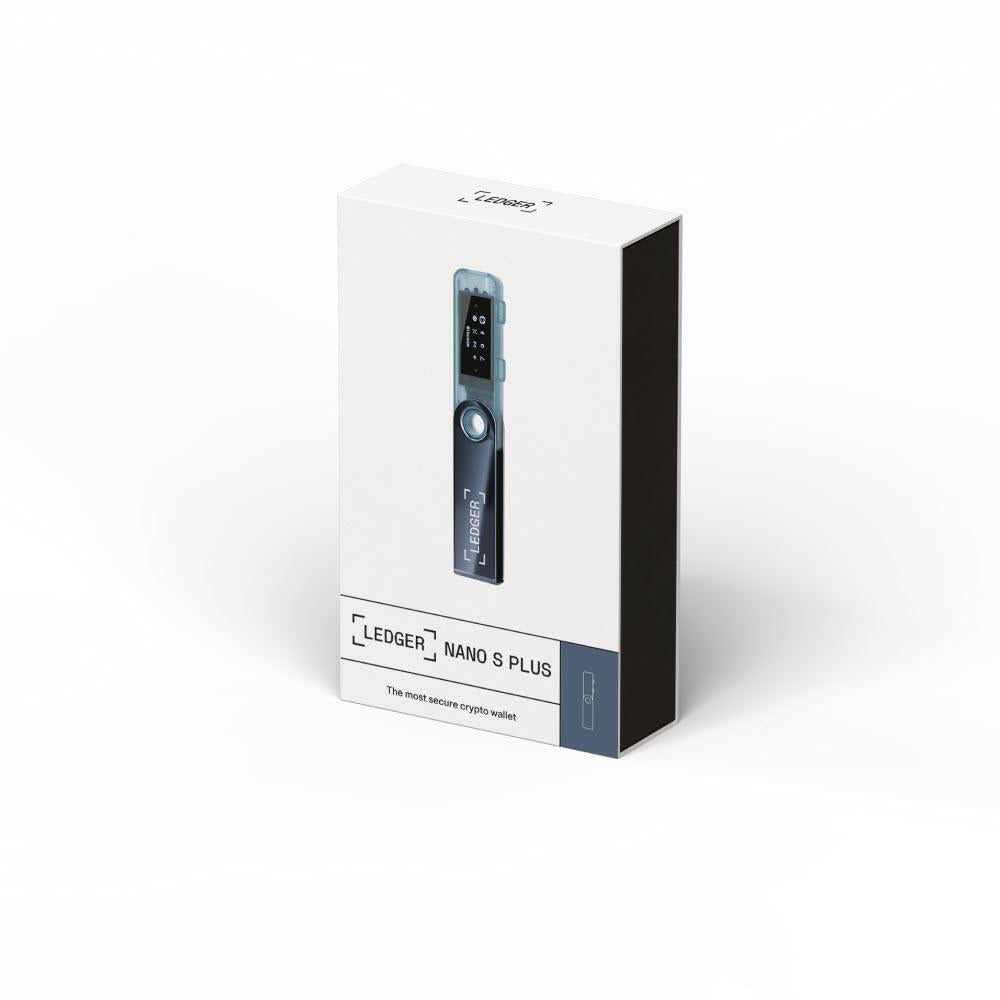 Ledger Nano S Plus hardware wallet retail box in white and black