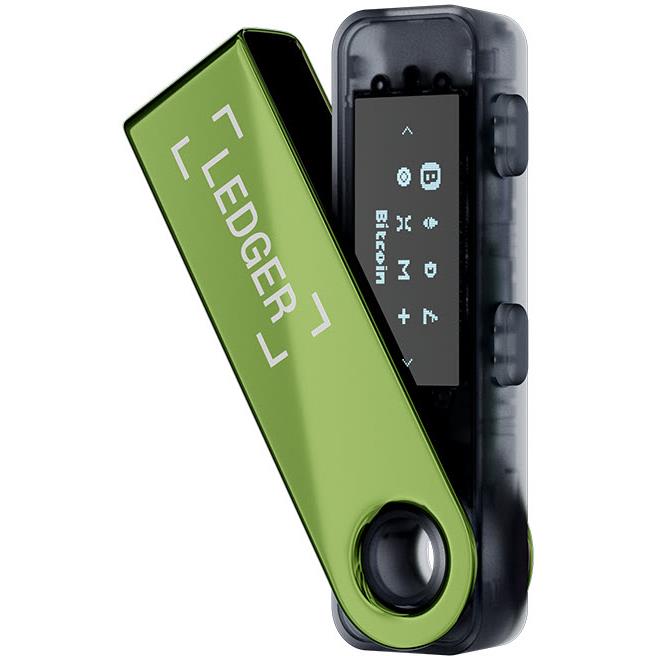 Oxidate green hardware wallet with screen and side buttons, Ledger branding