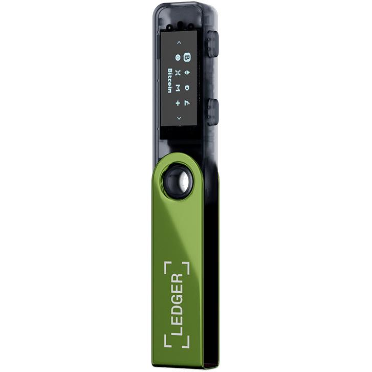 Ledger Nano S Plus hardware wallet with green base, circular port, and screen