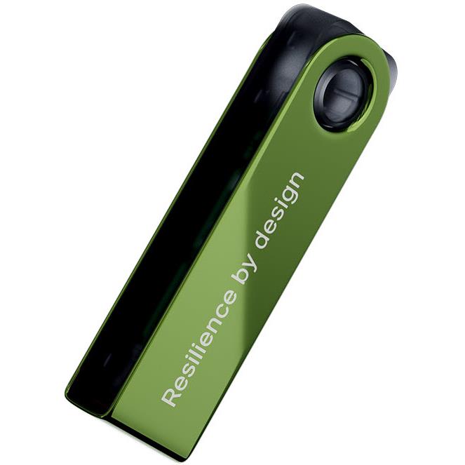 Green hardware wallet side with 'Resilience by design' text and black back panel