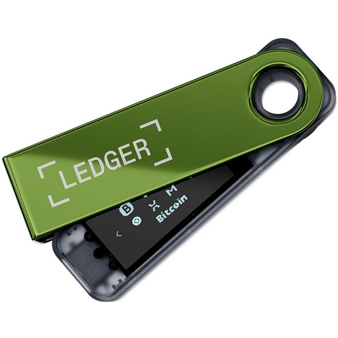 Green Ledger hardware wallet with display showing Bitcoin icon and app symbols