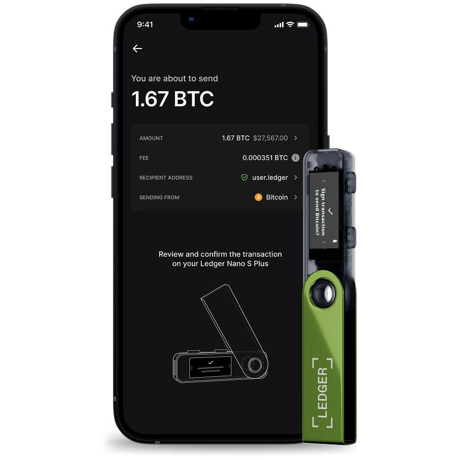 Ledger hardware wallet with green device next to smartphone send/confirm transaction screen