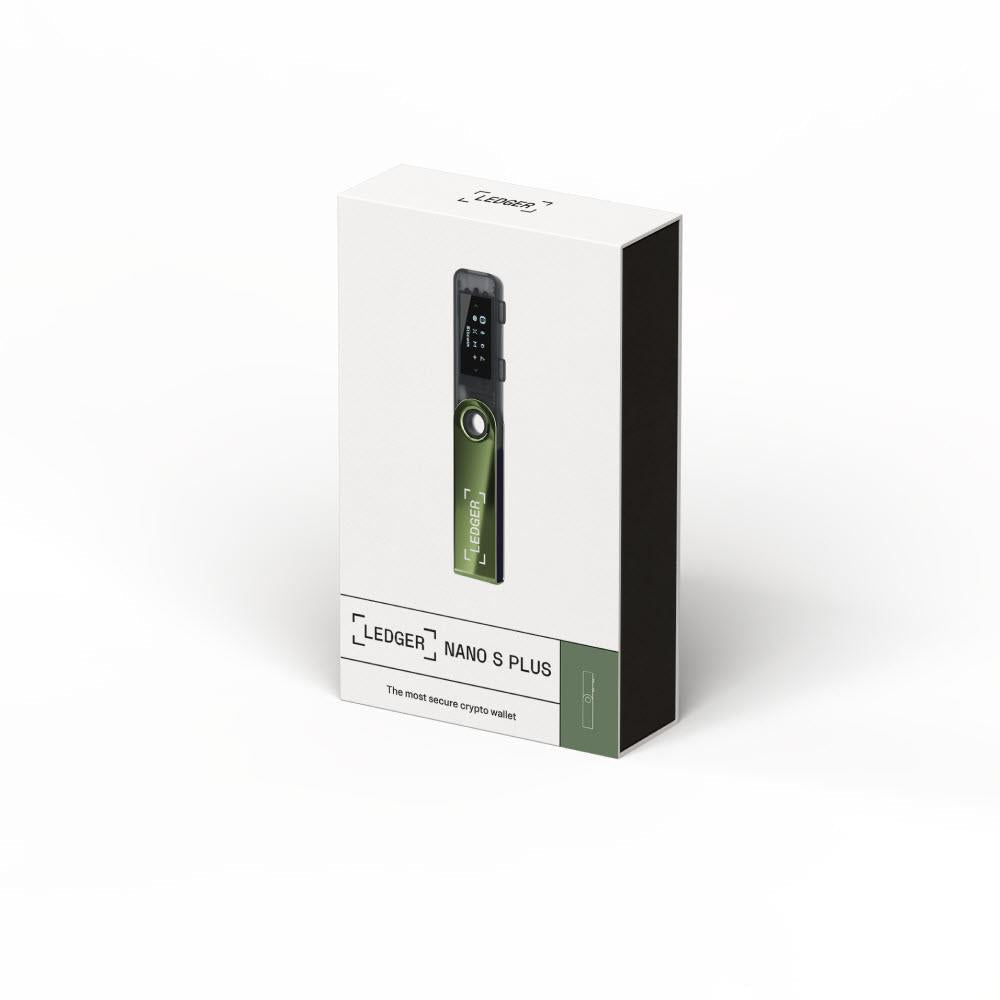 Ledger Nano S Plus hardware wallet retail box with green device pictured