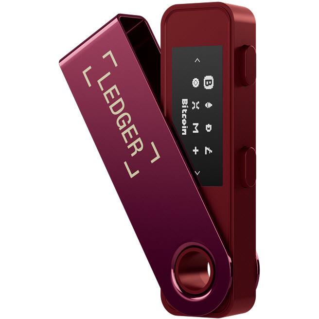 Crimson magenta hardware wallet with dark screen and side button controls, Ledger branding