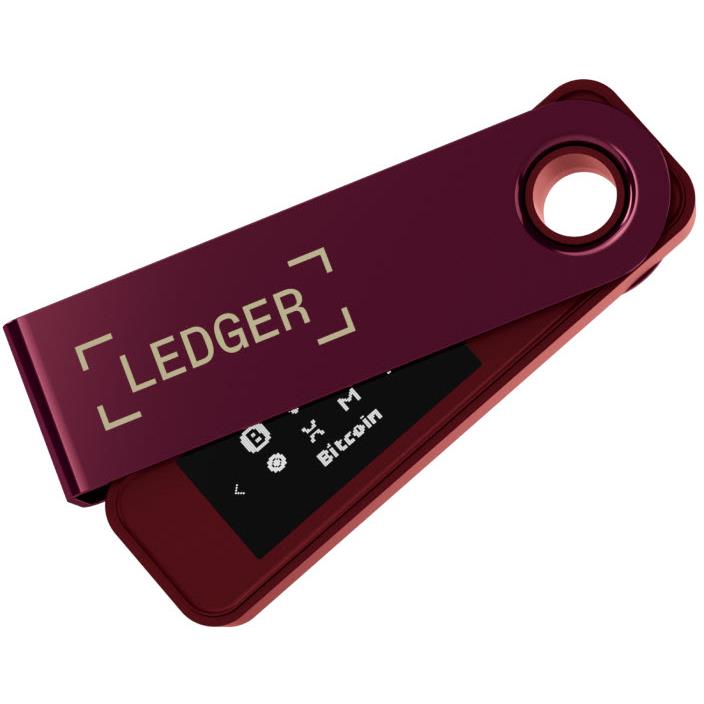 Crimson magenta hardware wallet with ring hole and visible screen icons, Ledger branding