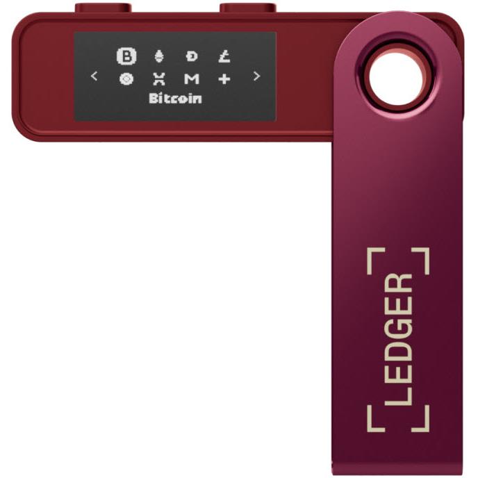 Crimson magenta hardware wallet side view with screen, key ring loop, Ledger text