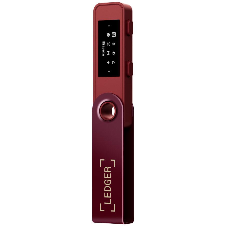 Crimson magenta hardware wallet profile with circular key ring and vertical Ledger branding