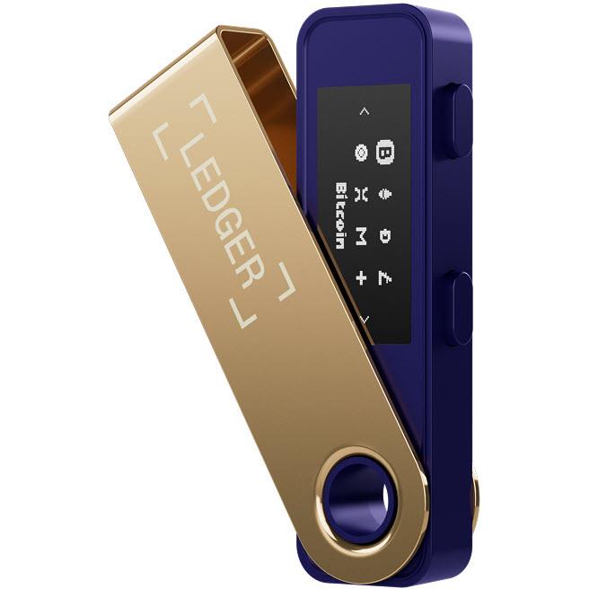 Ledger Nano S Plus hardware wallet in ferro fuchsia and gold with lit screen