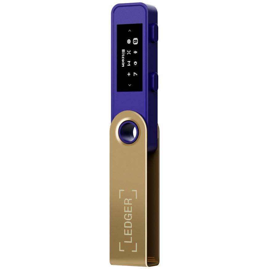 Ledger Nano S Plus hardware wallet side view in ferro fuchsia with gold front panel