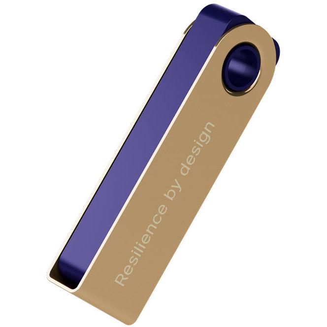 Ledger Nano S Plus hardware wallet back view in ferro fuchsia with gold design panel