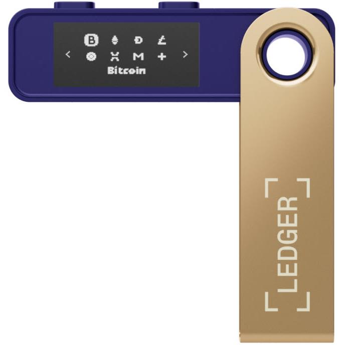 Ledger Nano S Plus hardware wallet front view with screen icons and gold button