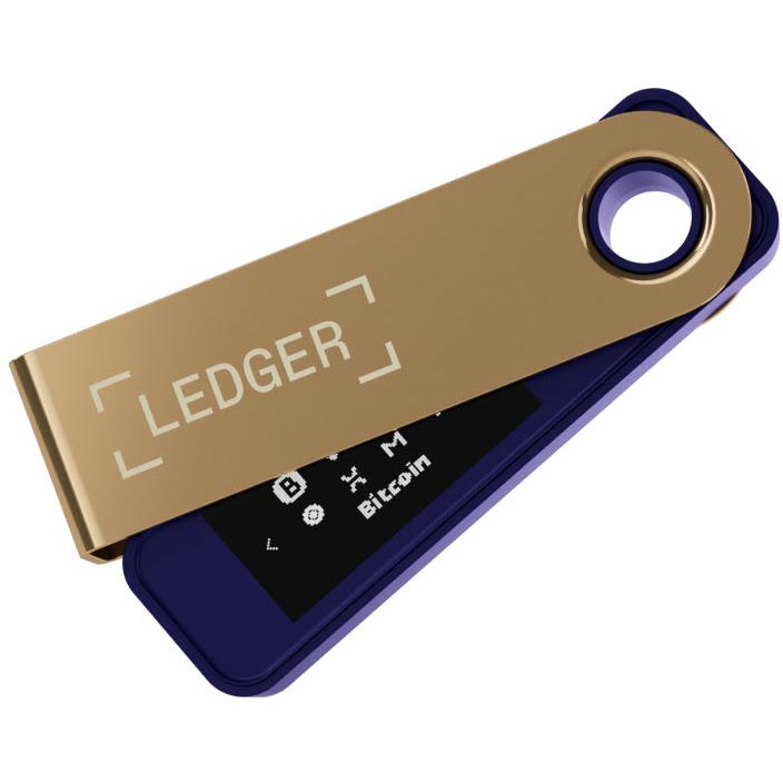 Ledger Nano S Plus hardware wallet angled front view with gold panel and lit screen