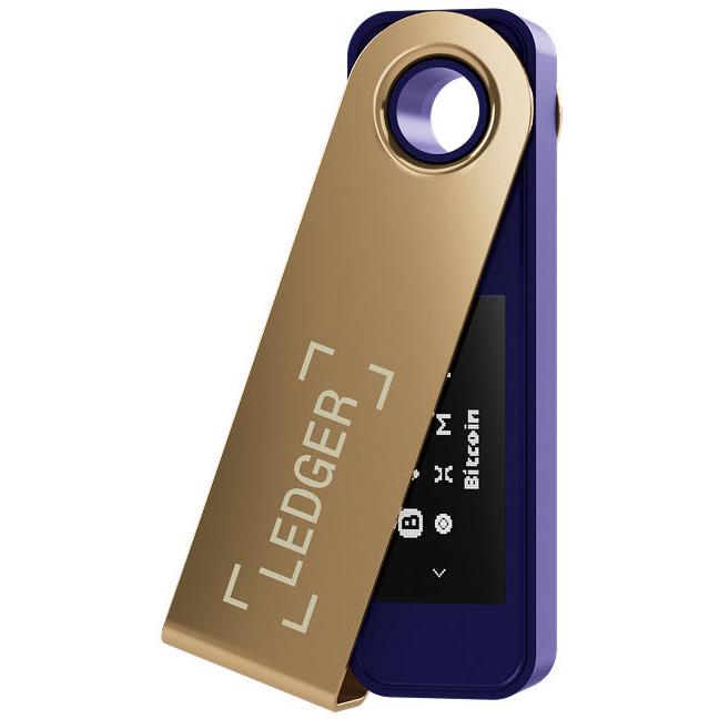 Ledger Nano S Plus hardware wallet angled view in ferro fuchsia with gold back panel