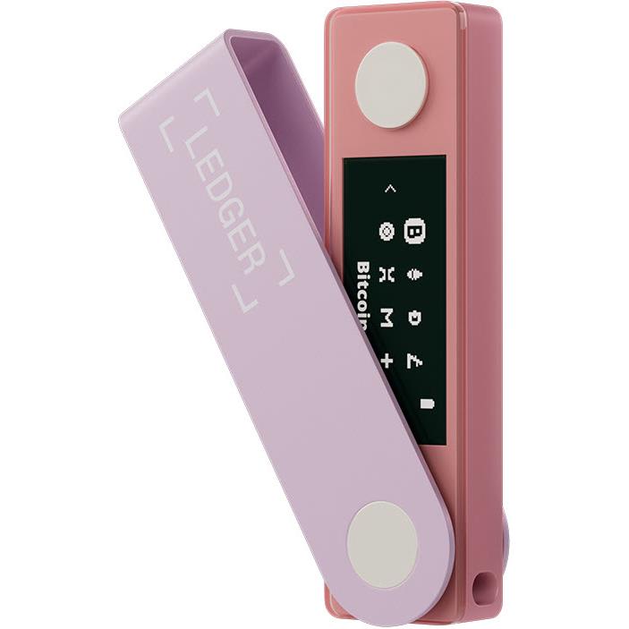 Ledger Nano X crypto hardware wallet, pastel pink, front angled view with screen panel