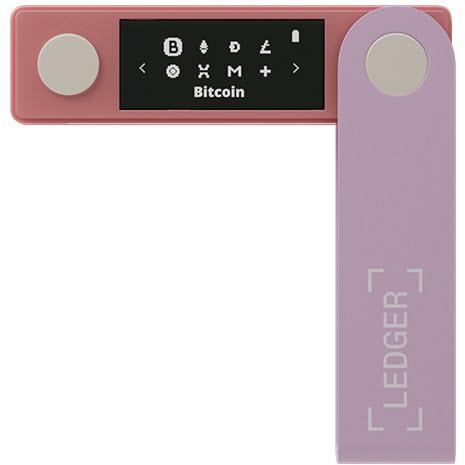 Ledger Nano X hardware wallet in pastel pink, showing black screen with Bitcoin icons