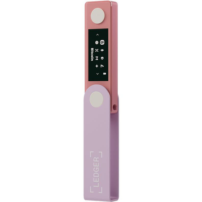 Ledger Nano X crypto hardware wallet, pastel pink, side view with circular buttons