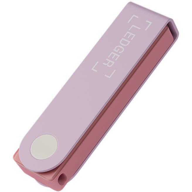 Ledger Nano X hardware wallet, pastel pink, close-up of side edge and LEDGER logo