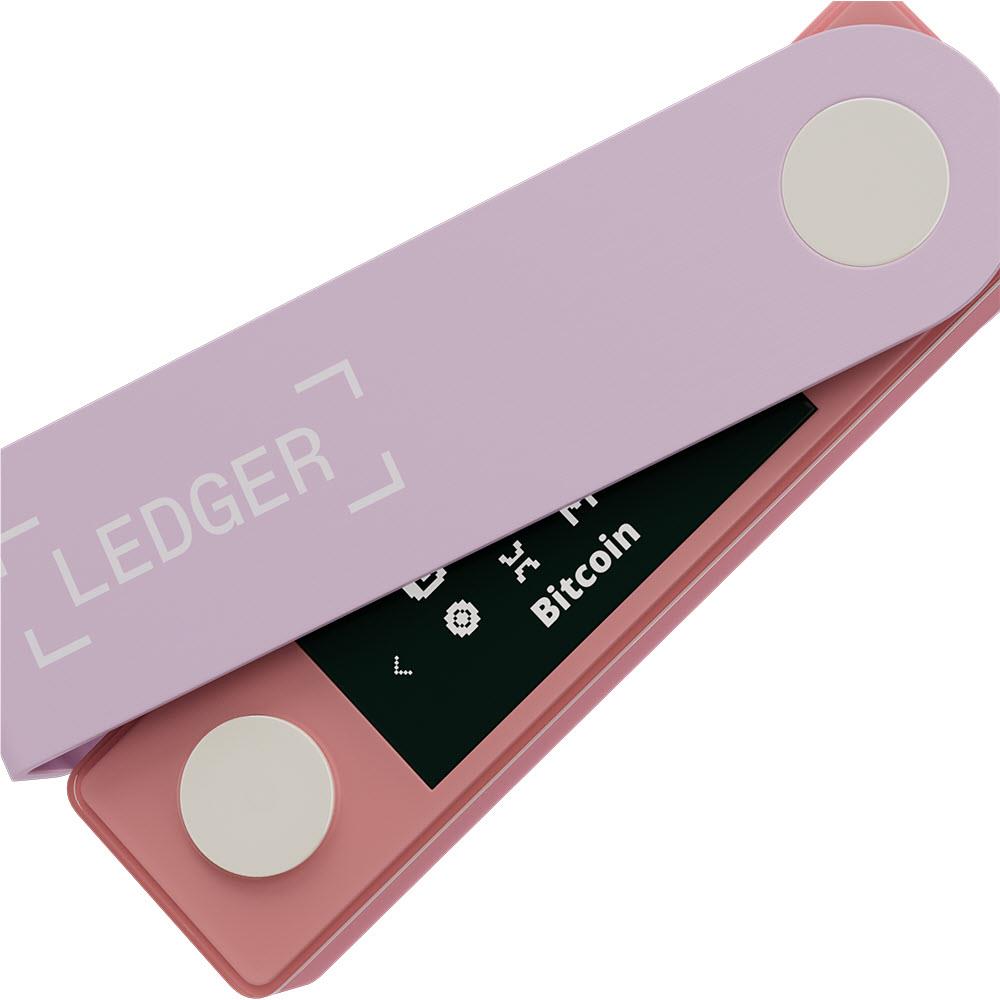 Ledger Nano X crypto hardware wallet, pastel pink, open view showing Bitcoin screen