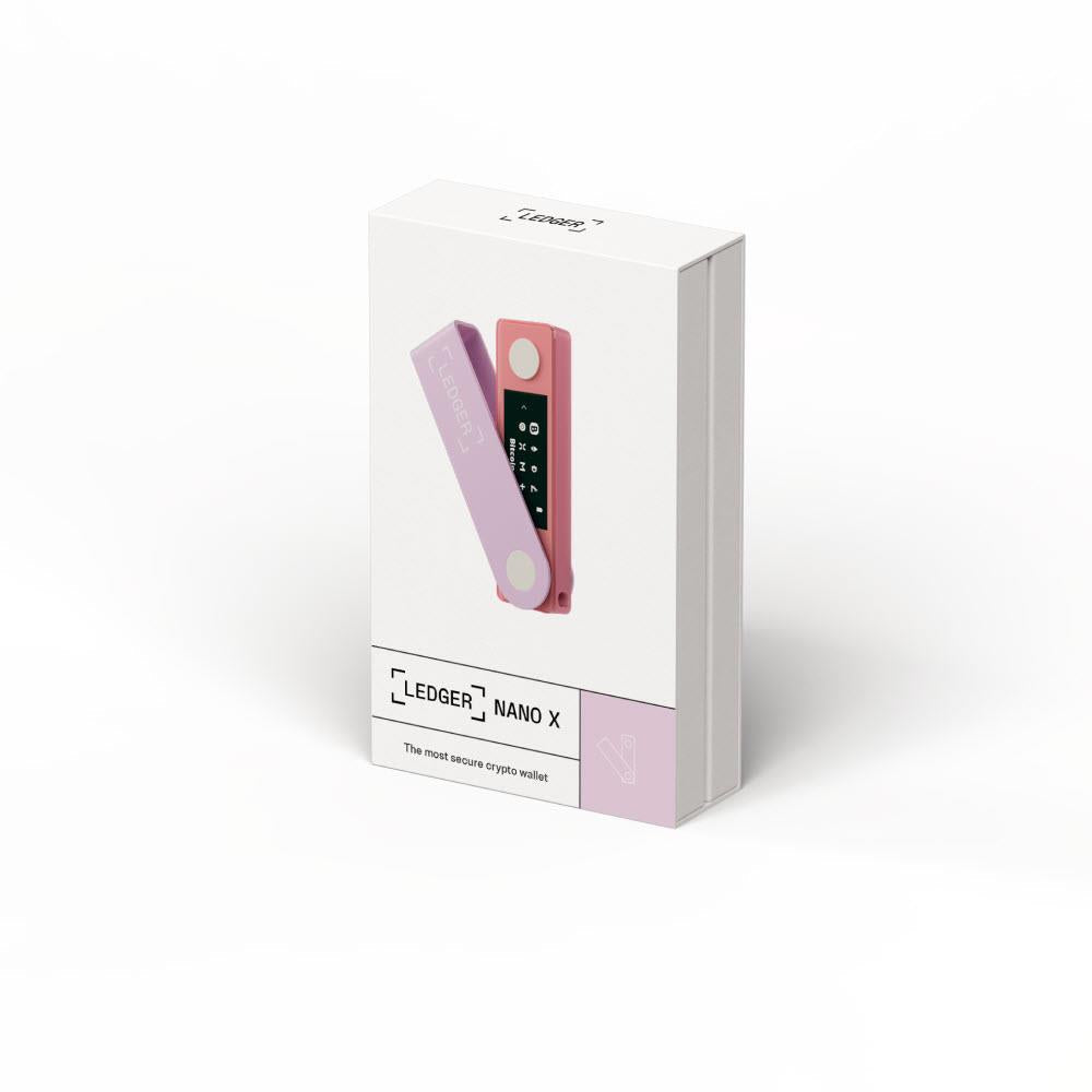 Ledger Nano X crypto hardware wallet box in pastel pink with device image