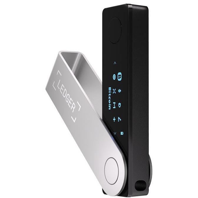 Crypto hardware wallet in Onyx Black with white side, circular button and status display