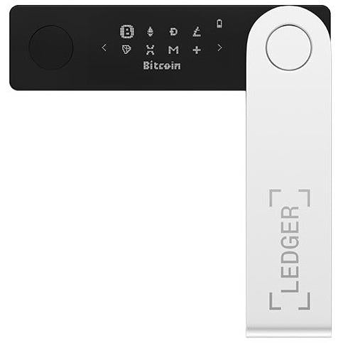 Onyx Black crypto hardware wallet front panel with Bitcoin menu and large side button