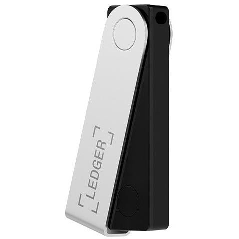 Onyx Black crypto hardware wallet angled view with round button and Ledger logo