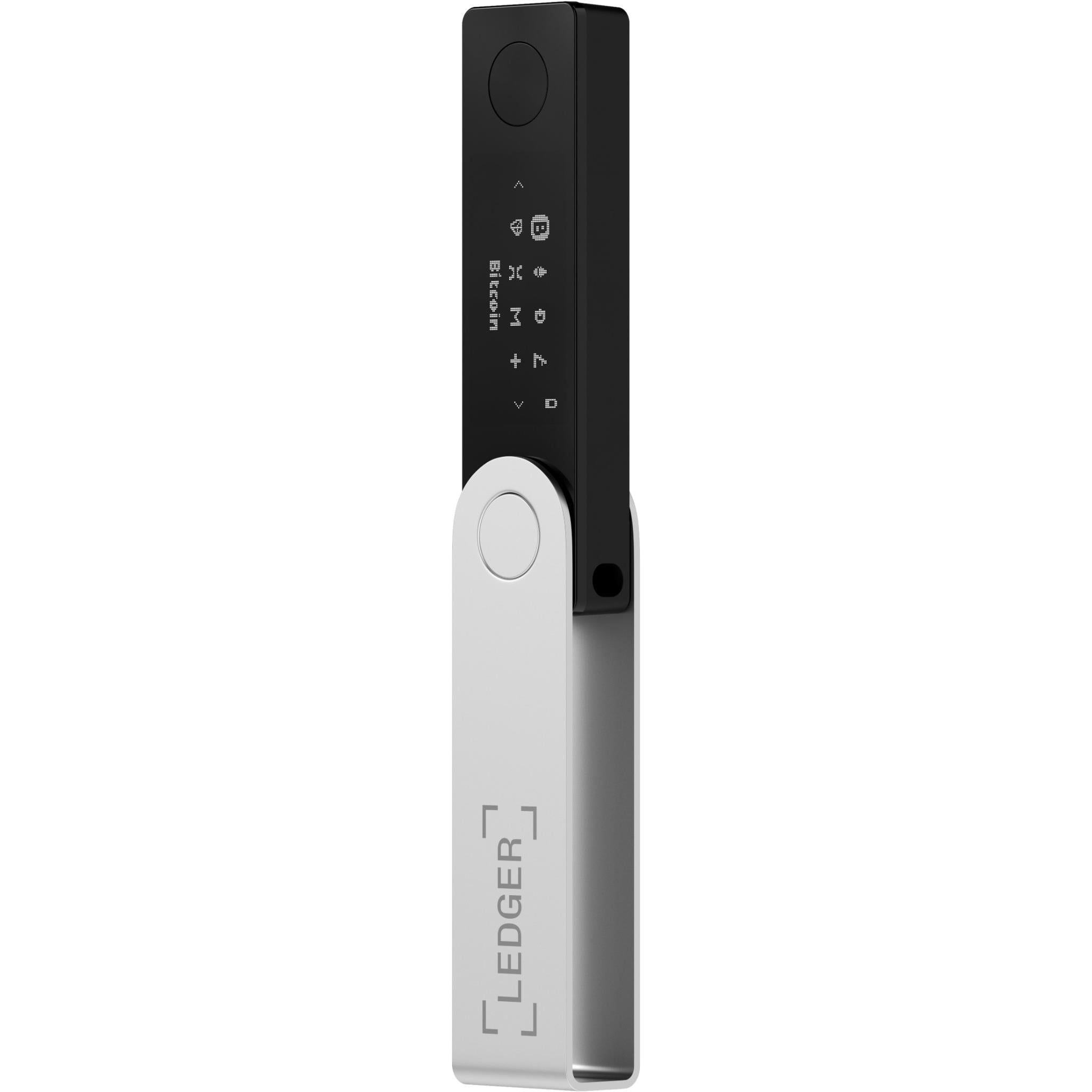 Onyx Black crypto hardware wallet vertical view with screen icons and white base