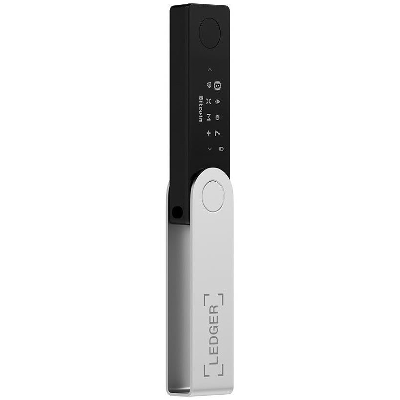 Onyx Black crypto hardware wallet side profile with round button and Ledger branding