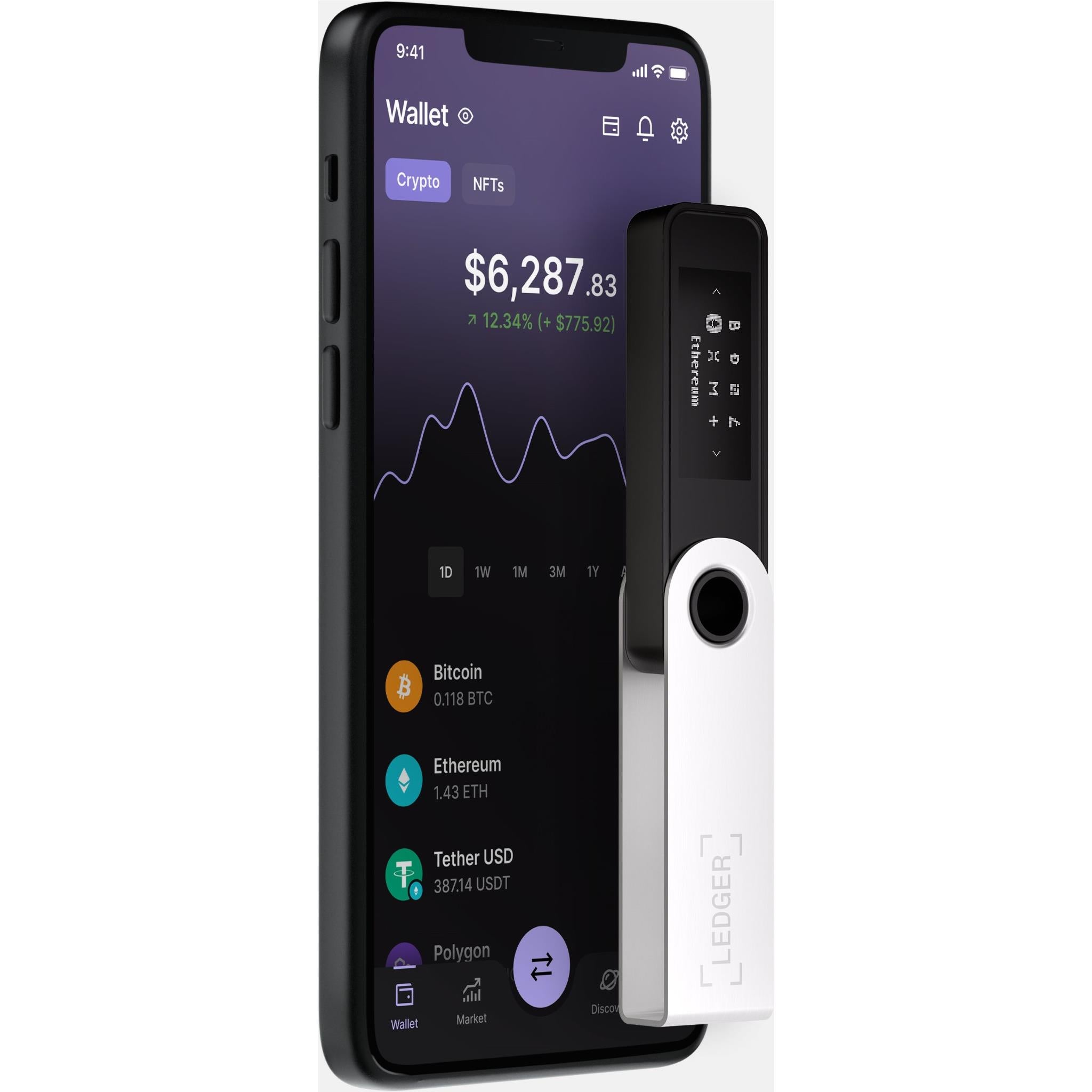 Onyx Black crypto hardware wallet next to smartphone app displaying portfolio totals
