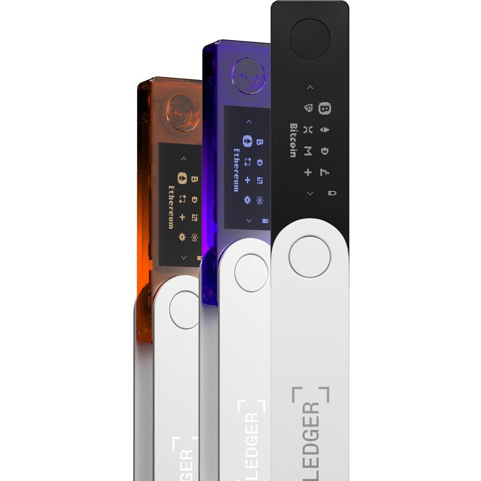 Stacked Ledger crypto hardware wallets in black, white, and other colors, round side buttons