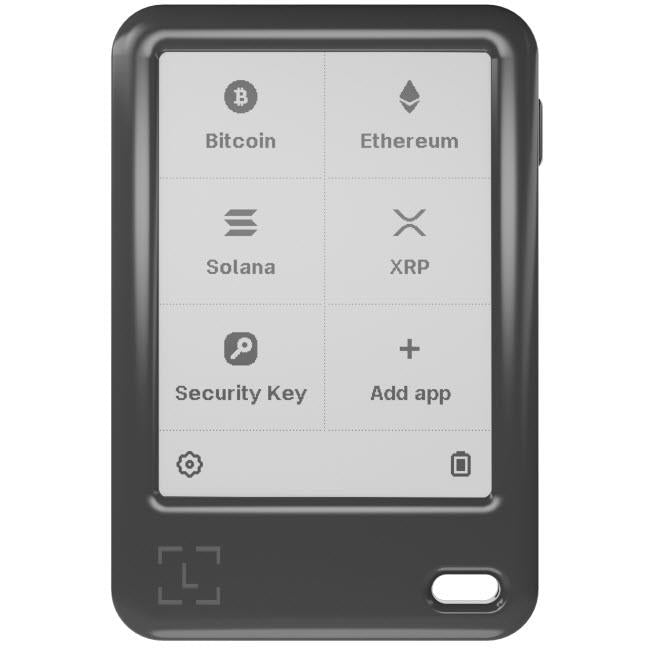 Jet black hardware wallet with screen listing Bitcoin, Ethereum, Solana, XRP, and apps