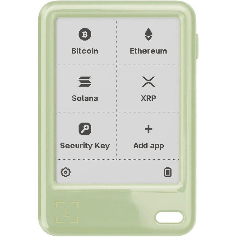 Ledger Nano Gen5 wallet, matcha green, front display with crypto icons and settings