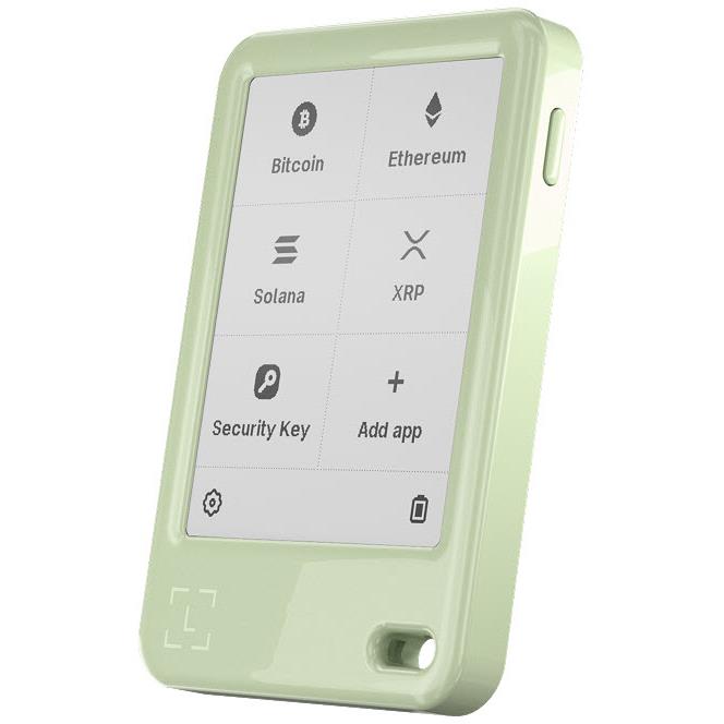 Ledger Nano Gen5 wallet, matcha green, angled view showing side buttons and screen