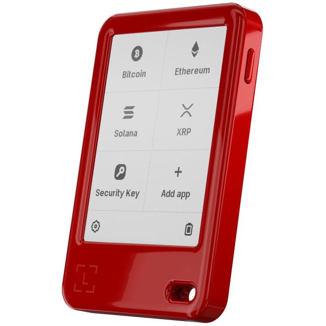 Cherry red Ledger hardware wallet shown at an angle with crypto app icons