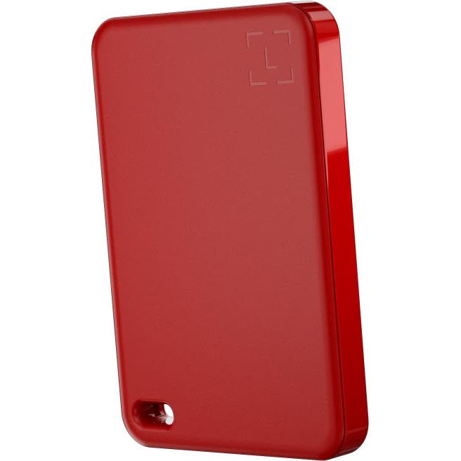 Cherry red Ledger hardware wallet back view with lanyard loop and buttons