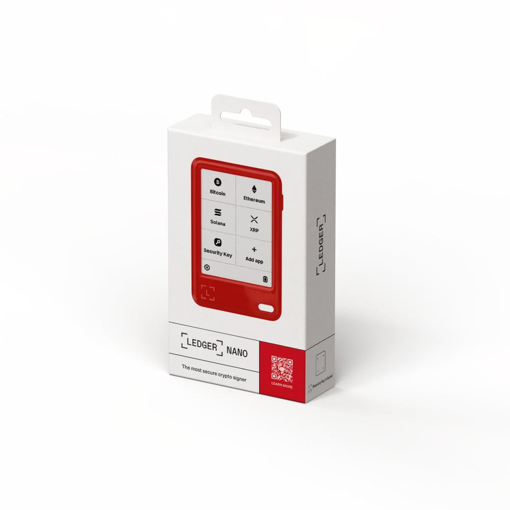 Ledger hardware wallet retail box with cherry red device window