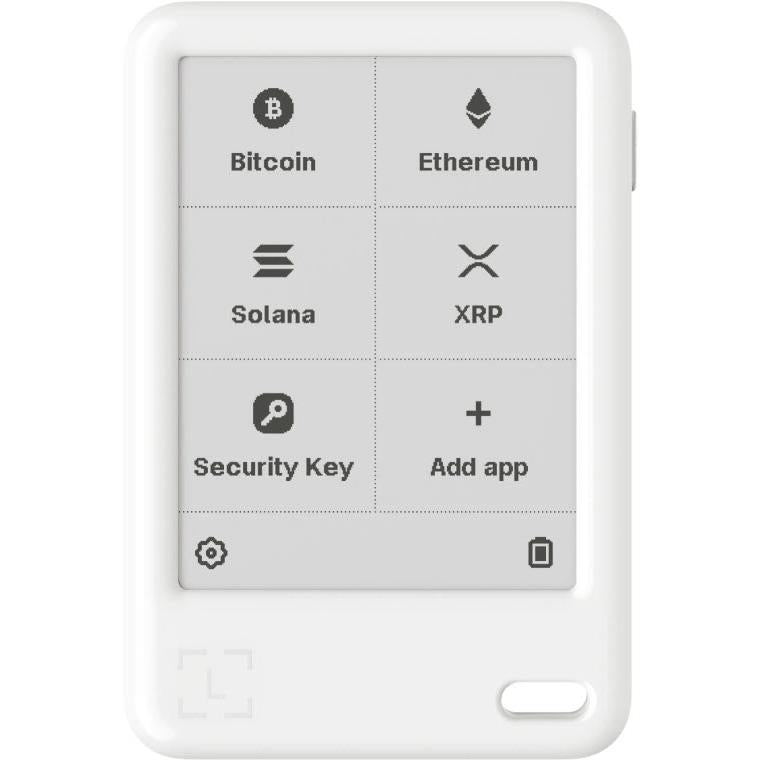 Ledger Nano Gen5 hardware wallet in Glacier White with on-screen crypto menu