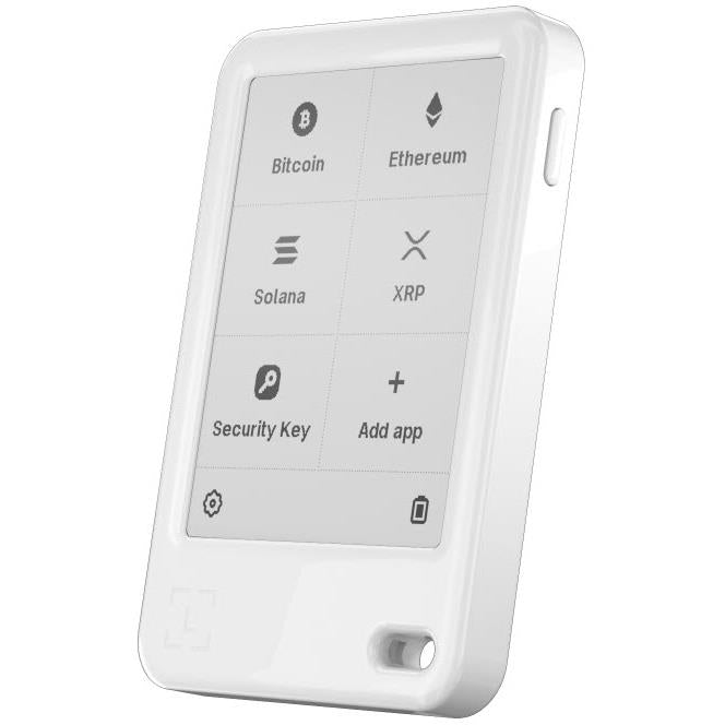 Ledger Nano Gen5 hardware wallet Glacier White angled view with app icons display