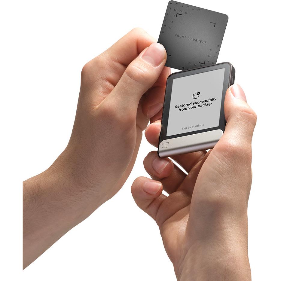Hands holding Ledger Flex wallet and recovery key, screen reads restored successfully