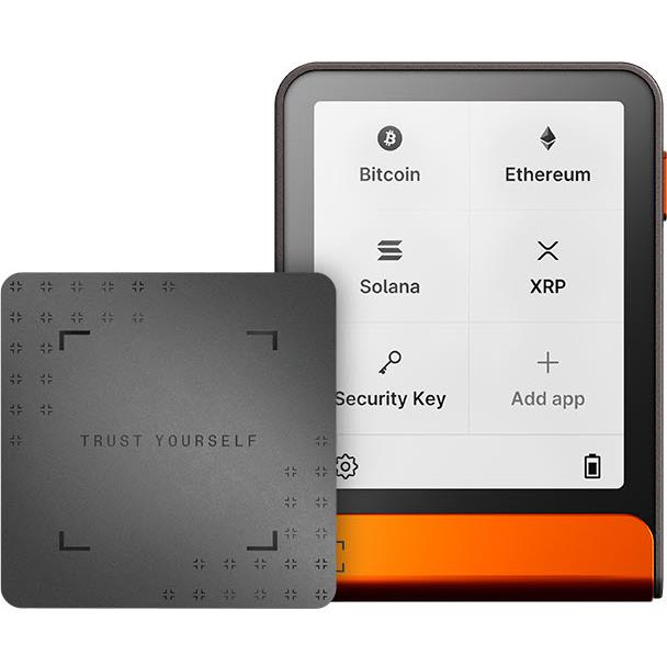 Ledger Flex crypto cold storage wallet with orange base and security key display screen